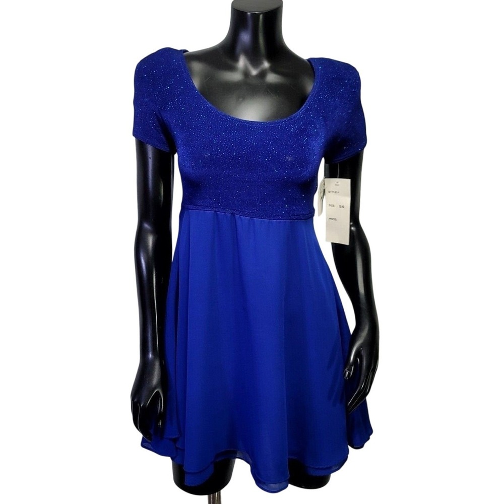 VTG‎ La Belle 90s Royal Blue Glitter Chiffon Mini Dress NWT Size 5/6 Made in USA